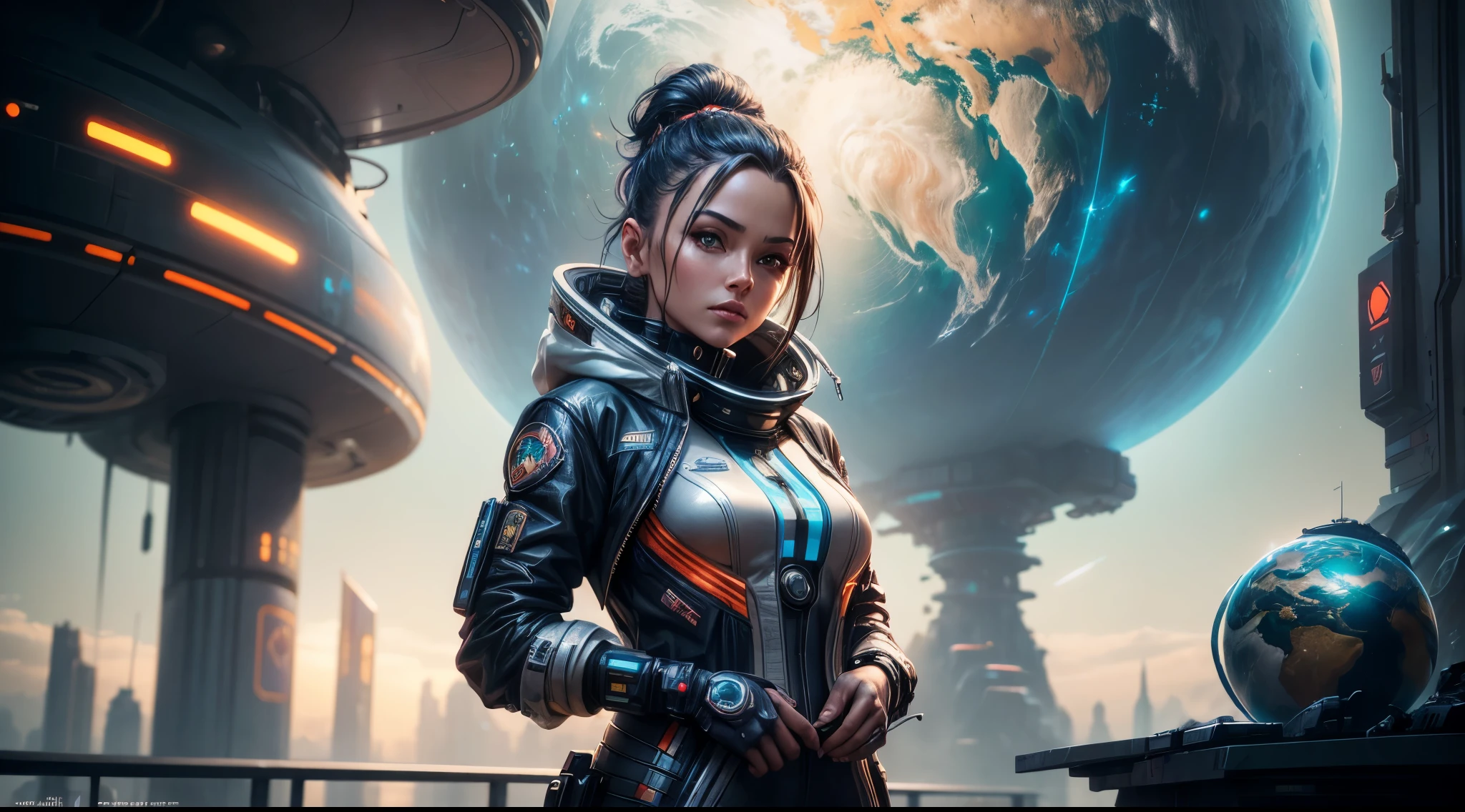 a woman in a futuristic suit standing in front of a planet, cyberpunk art inspired by Marek Okon, cgsociety contest winner, fantasy art, wojtek fus, beautiful sci fi art, portrait anime space cadet girl, scifi woman, cyborg goddess in cosmos, epic sci - fi character art, epic sci-fi character art, artgerm julie bell beeple