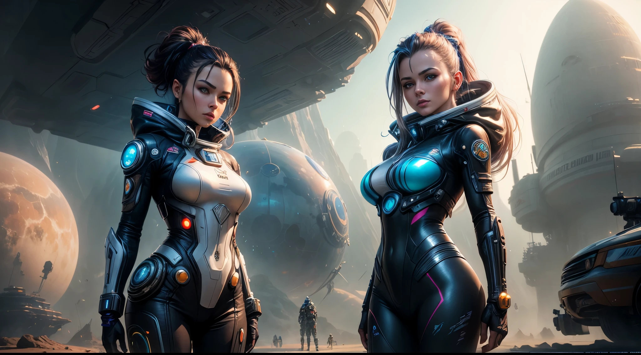 a woman in a futuristic suit standing in front of a planet, cyberpunk art inspired by Marek Okon, cgsociety contest winner, fantasy art, wojtek fus, beautiful sci fi art, portrait anime space cadet girl, scifi woman, cyborg goddess in cosmos, epic sci - fi character art, epic sci-fi character art, artgerm julie bell beeple