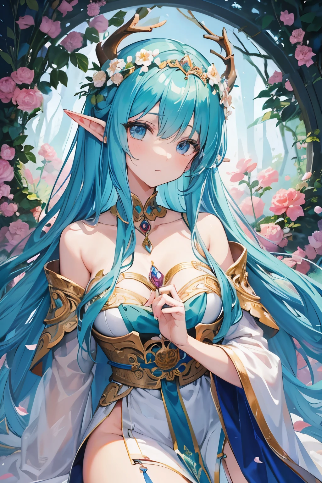 high quality，tmasterpiece，Exquisite facial features，Delicate hair，exquisite eyes，Delicate hair，Anime manga girl，Deer character hair，Flowers, dream style, Fantastic flower garden，Fantasy style clothing,Romantic dresses, beautiful and elegant elf queen, beautiful fantasy queen, fantasy art style, ((beautiful fantasy queen)), anime fantasy illustrations, high priestess, Fairy Queen of the Summer Forest, Anime Art Nouveau style, goddess of the forest, portrait of an elf queen, A beautiful artistic illustration，8Khigh quality细节艺术（Exquisite facial sculpting）（Fine hair depiction）（best quality）（Master tmasterpieces）（High degree of completion）（a sense of atmosphere）8k wallpaper，ttmasterpiece，best quality，Super detailed