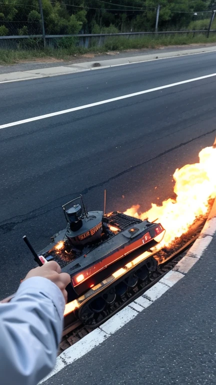 The tank was shaken as it passed by and burned to the side of the road with fire points.，then there are flowers