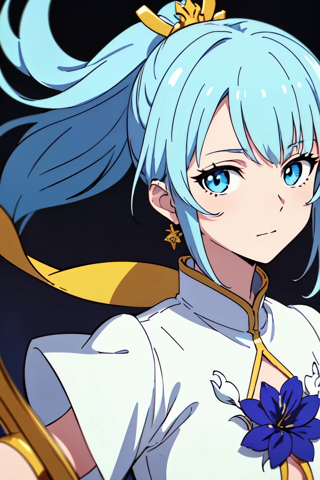 (masterpiece), (best quality), (ultra detailed),(disheveled hair),(illustration), (1girl), (Fashionable clothing), standing, Fashion model, looking at viewer, (interview), (simple background),beautiful detailed eyes, delicate beautiful face, Floating,(high saturation),(colorful splashes),colorful bubble,(shining), focus on face, ponytail, kamisato ayaka, light blue hair, bangs, hair ring, floating flowers, floating hairs, (shining), best lighting, best shadow,