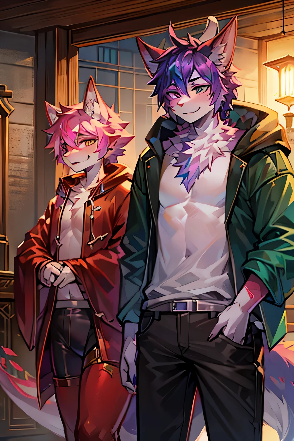 anthro furry male, coyote, pink wavy hair,  chest tuft,looking at viewer, full body view, hand grabbing hair by head, best quality, 4k, (by foxovh, rOSS tran, pino daeni),