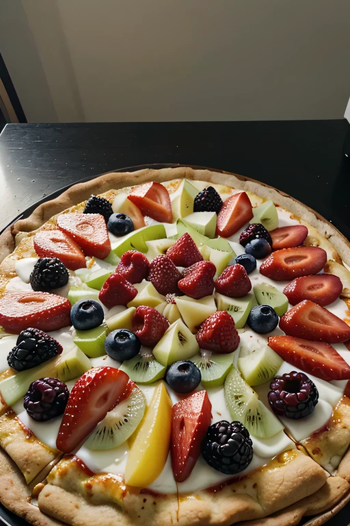 photo of a fruit pizza on the table, ultra realistic, ultra high resolution, photorealistic, 1.4 UHD