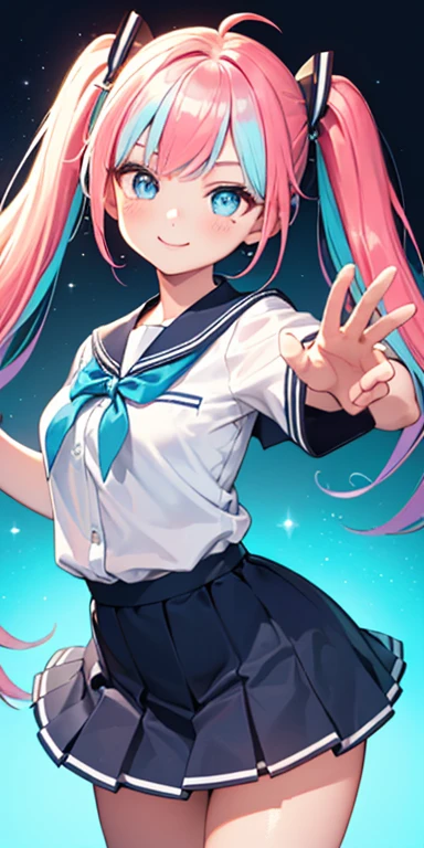 baby face, (short colorful fluorescence multicolored hair:1.5,twintails,messy hair:1.5), (masterpiece, sidelights, exquisite beautiful eyes: 1.5), masterpiece*portrait, realistic, {(colorful and flashy background:1.5)},3D face,(cute face),front view: 1.6、 (glowing blue eyes:1.2),plump face:1.5,(tareme:1.5)、(seductive smile:1.2),Rosy Mouth,Slim Body, shiny hair, shiny skin: 1.5、medium breasts,、solo,colorful,(stand)、(high school girl school uniform)、(charactor focus:1.5、portlate、cowboy shot),