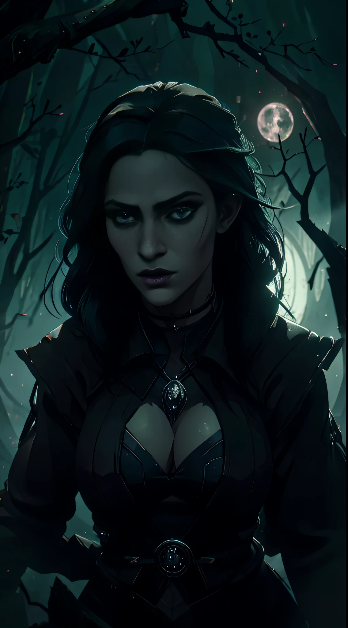 Yennefer witch, from Witcher wild hunt, beautiful sexy witch in gloomy creepy scary dark fantasy forest, moonlight,
