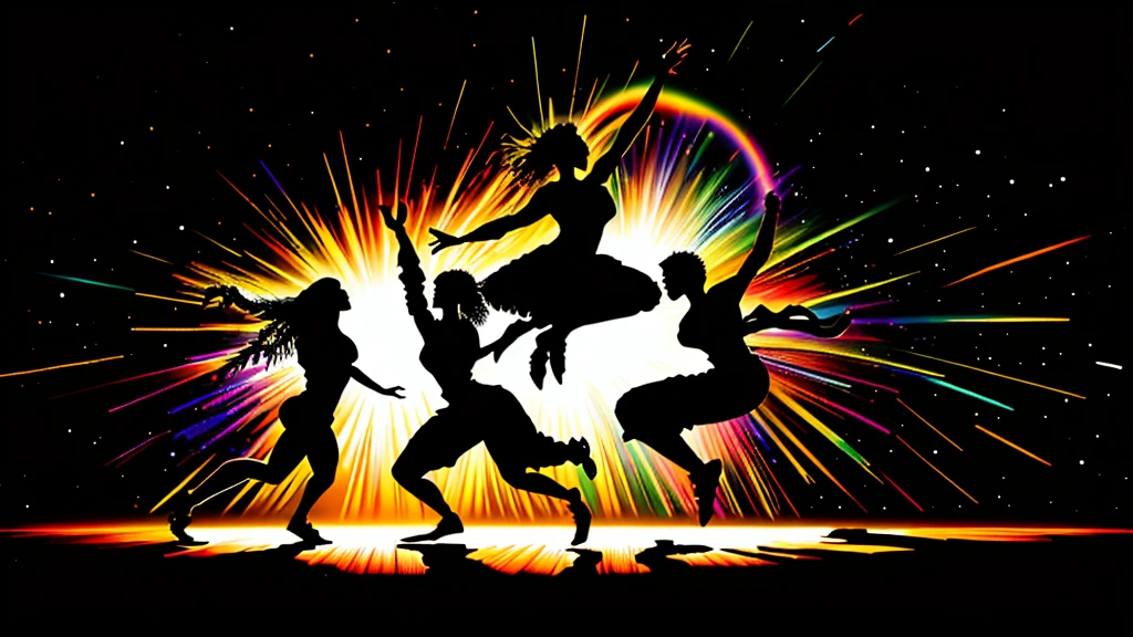 "(best quality, highres, masterpiece:1.2), vibrant colors, drastic contrast, black and white, energetic, dynamic composition, motion blur, joyful expressions, synchronized movement, lively atmosphere, mid-air suspension, agile figures, youthful spirit, athletic poses, surreal atmosphere, mysterious shadows, natural lighting, dramatic backlighting, outdoor setting, triumphant mood, exhilarating movement"