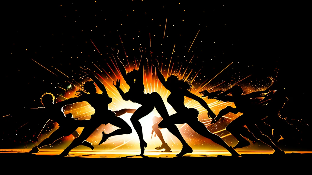 "(best quality, highres, masterpiece:1.2), vibrant colors, drastic contrast, black and white, energetic, dynamic composition, motion blur, joyful expressions, synchronized movement, lively atmosphere, mid-air suspension, agile figures, youthful spirit, athletic poses, surreal atmosphere, mysterious shadows, natural lighting, dramatic backlighting, outdoor setting, triumphant mood, exhilarating movement"