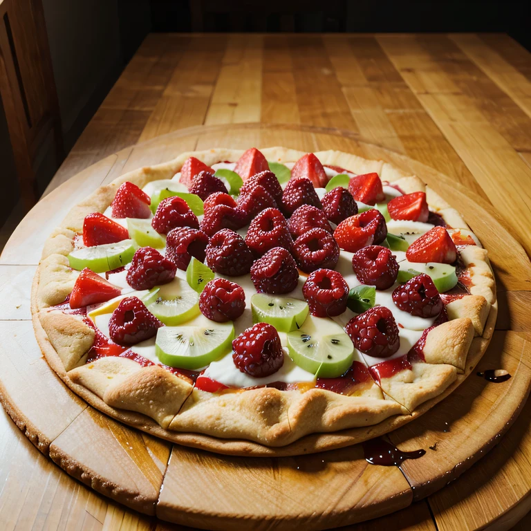 photo of a fruit pizza on the table, ultra realistic, ultra high resolution, photorealistic, 1.4 UHD