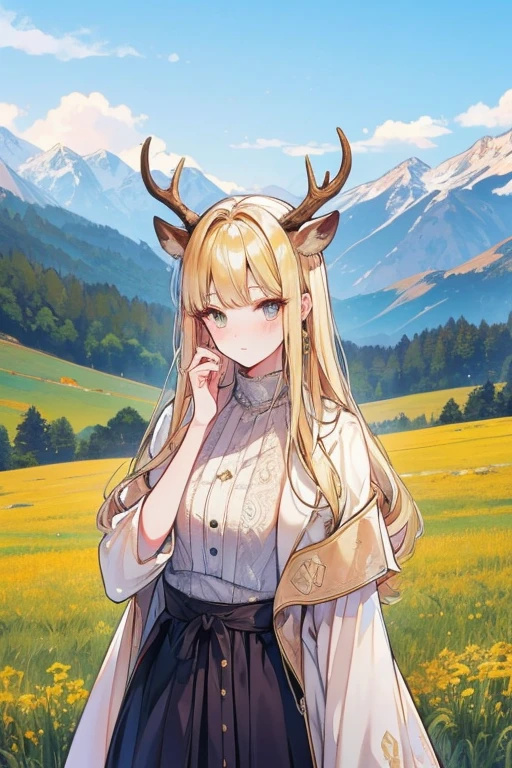 Unparalleled beauty,perfect face、rivulets、grassland、Beautiful mountain views、,Perfect Eye、old-fashioned costume、retro style、Deer antlers grow from the head、、golden eyes、blonde、Shy laughter、、Luxury brand clothes、Outerwear、ファッションmodeled、modeled、、Full body Esbian,