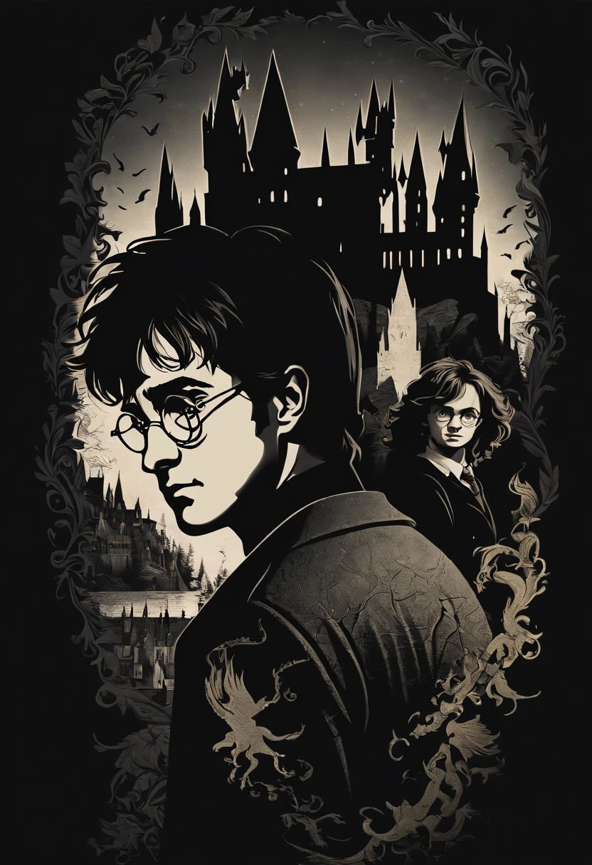 Silhouette Art of Harry Potter, black outlines, enhance, intricate, (best quality, masterpiece, Representative work, official art, Professional, unity 8k wallpaper:1.3)