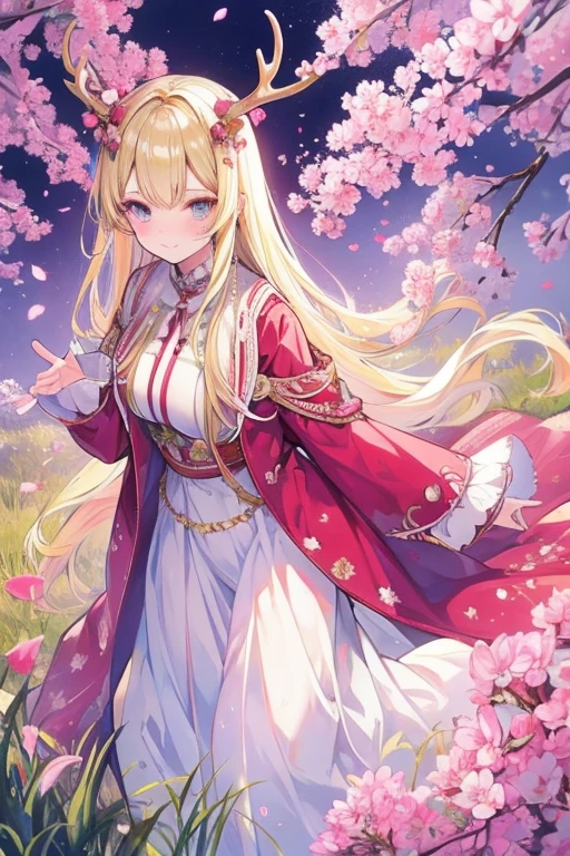 Unparalleled beauty,perfect face、A path lined with flourishing cherry blossom trees、rivulets、grassland、,perfect eyes、old-fashioned costume、retro style、Deer antlers grow from the head、、golden eyes、blonde、shy smile、、Luxury brand clothes、Outerwear、ファッションmodeled、modeled、、Full body Esbian,