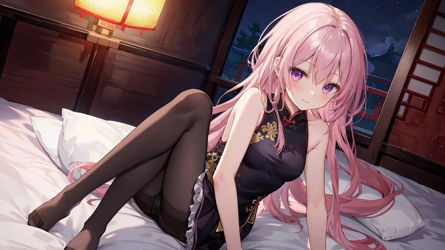 spread legs(Original Character、Unity 16K Wallpaper, Masterpiece, Best Quality, Ultra-Detailed, Extremely Detailed CG, Caustics, Cinematic Lighting, Detailed, Beautiful Detailed Eyes, solo), Ultra High Resolution, fine skin, (sexy china dress, curby、bed), (strong light)、((brighten the subject)),blush,oily skin,spread legs,pink hair