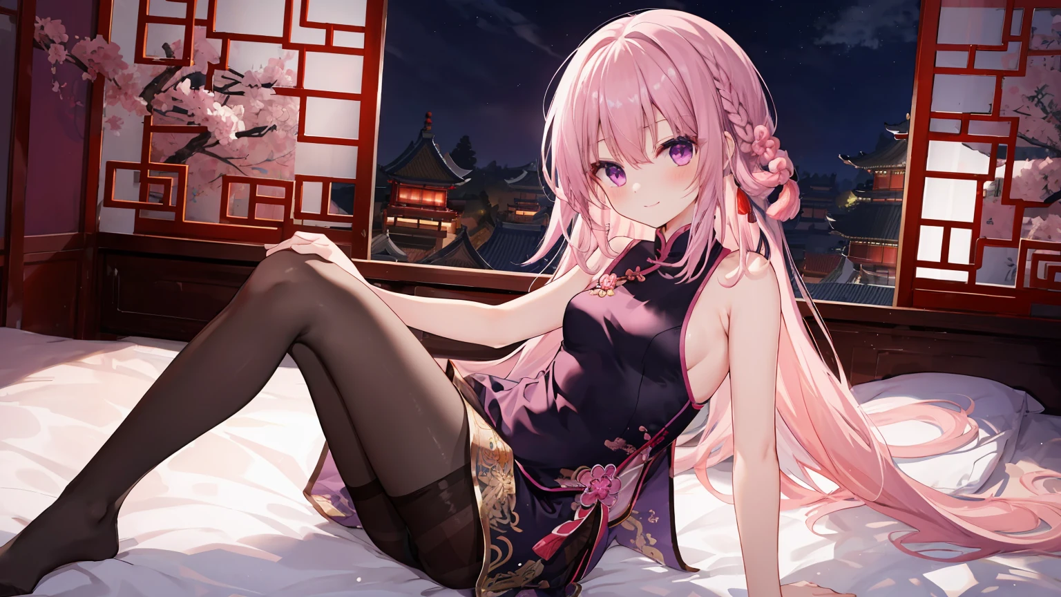 Chinese Ancient Architecture,night chinese background, solo,a girl,170cm height,45CM bust,Pink medium long hair,Purple eye,Black underwear,night,gentle,ssmile, ((black pantyhose)),indoors,on top of the bed,(((With bare arms))) ,With bare arms,mitsukasa ayase