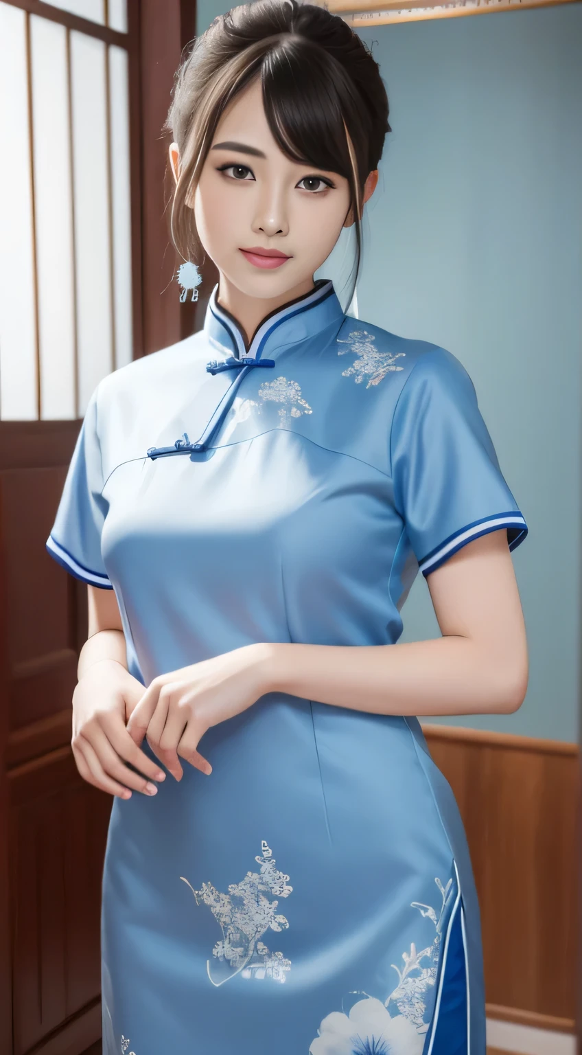 Blue and white porcelain style，Chinese cheongsam，blue and white cheongsam，ancient chinese art style，fashion model 18 years old [[[[close up]]]], [[[[]]]], [[[[]]]], [[[[shoulder]]]], perfect eyes, perfect iris，perfect lips，perfect teeth，perfect skin，White skin，Soft headlight，high dynamic range，movie girl，The expression is smiling，The background is ancient Chinese interior decoration，blue flower，4K Ultra HD, ultra high resolution, (lifelike: 1.4), best quality，masterpiece，Ultra-diluted，（pastel colors：1.2）