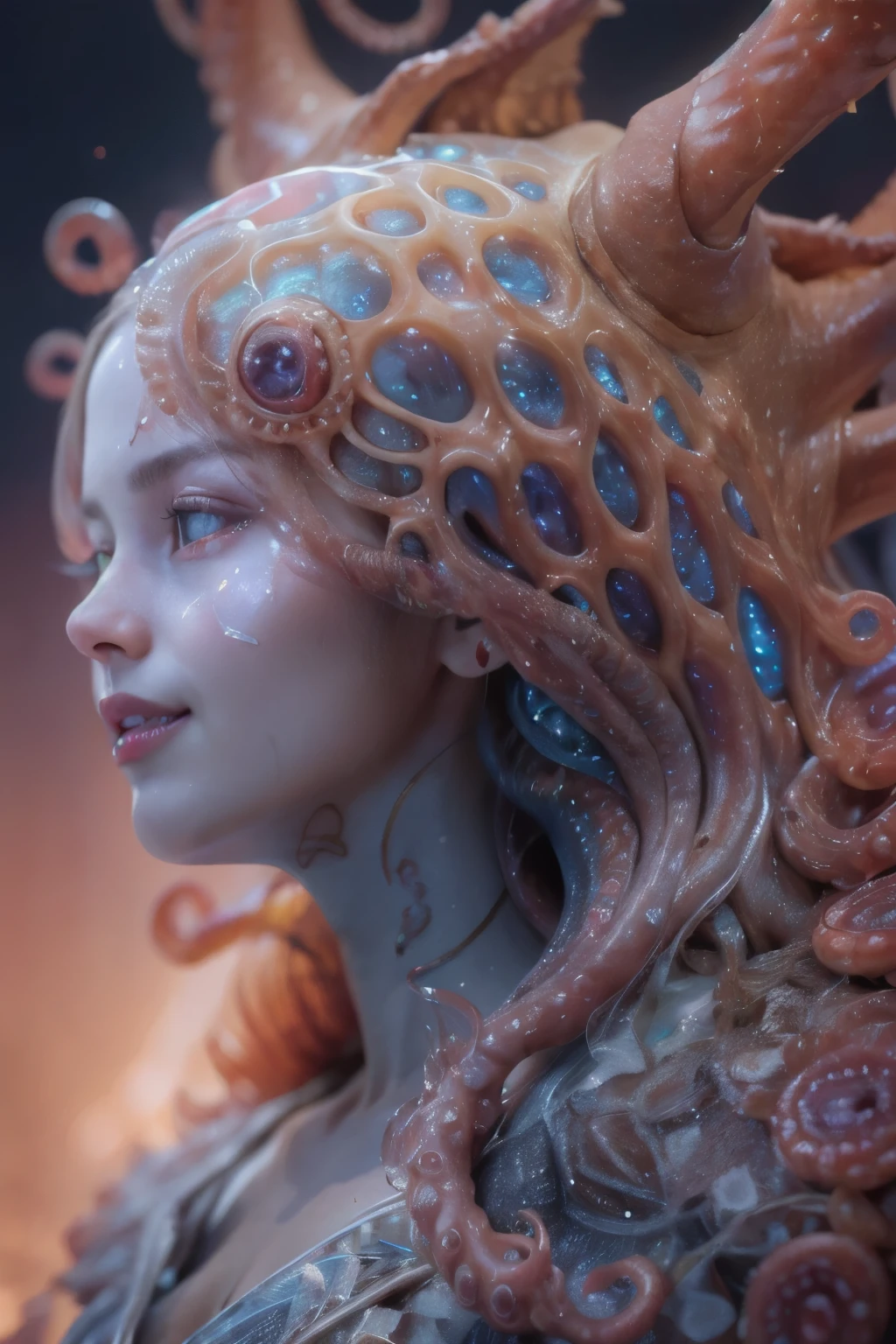 Portrait, (beautiful female alien:1.2),  (she has red eyes with no pupils:1.8), (Translucent skin:1.7),  (There is a female genital-like organ in the middle of the forehead:1.9), (The most beautiful face in the history of the universe:1.2),an evil gaze that seduces, (large mouth:1.1), (sharp teeth like a vampire:1.2), Full body like, (bio luminescent:1.5), (Smile wickedly:1.3),  (sexypose:1.5), alien, No humans, cells are fused, (Lots of translucent tentacles:1.3) extraterrestrial, cell, bio image, Best Quality, 8K,4K_quality, High Definition, Dramatic Lighting, masutepiece:1.5,cinematic quality, detail up, (Intricate details:1.2), High resolution, High Definition, drawing faithfully, (Thick eyebrows:1.2), Beautiful eyes with fine symmetry,(Highly detailed face and eyes:1.2), Intimate face, (Super detailed skin quality feeling:1.4), Perfect Anatomy,  (Beautiful toned body:1.5),  (Moist skin:1.2), No makeup, (dark circles:1.1), long canines, cinematic drawing of characters, ultra high quality model, cinematic quality, detail up, (Intricate details:1.2), High resolution, High Definition, drawing faithfully, Official art, Unity 8K wall  , 8K Portrait, Best Quality, Very High resolution, ultra detailed artistic photography, midnight aura,  unreal enginee 5, Ultra Sharp Focus, art by alberto seveso, ArtGerm, Roisch, intricate artwork, best quality, masutepiece, ultra High resolution, (photos realistic:1.4), Ultra-realistic realism, dream-like,  nautilus, Creation of fantasy, Snail, Dream Snail,  biopunk nautilus, Thrilling color schemes， Ultra-realistic realism， seductively smiling, Blue tentacles,