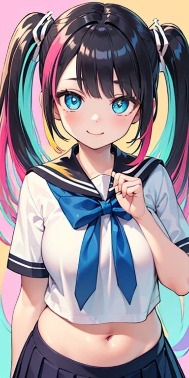 baby face, (short colorful fluorescence multicolored hair:1.5,twintails,messy hair:1.5), (masterpiece, sidelights, exquisite beautiful eyes: 1.5), masterpiece*portrait, realistic, {(colorful and flashy background:1.5)},3D face,(cute face),front view: 1.6、 (glowing blue eyes:1.2),plump face:1.5,(tareme:1.5)、(seductive smile:1.2),Rosy Mouth,Slim Body, shiny hair, shiny skin: 1.5、medium breasts,、solo,colorful,(stand)、(high school girl school uniform)、(charactor focus:1.5、portlate、cowboy shot),Shining brightly