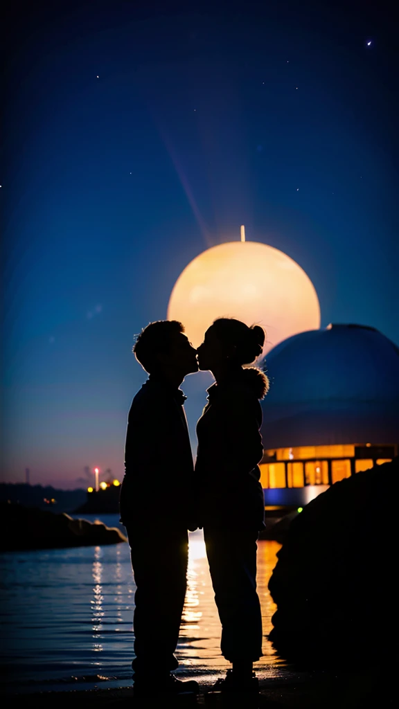silhouette of a couple kissing in the dark