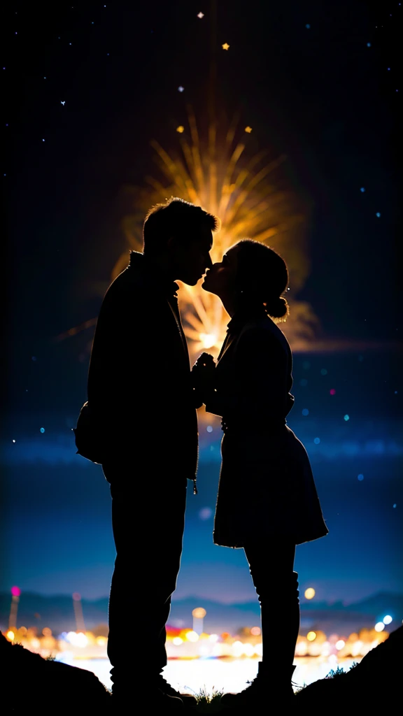 (high resolution, realistic) Silhouette Art, professional backlit image of a couple in love on the beach, in the moonlight, with a spectacular sky, black sand, gentle waves, shining stars, bright moonbeams, romantic atmosphere , soft, fine colors. details, serene and peaceful, artistic background, calm ocean, delicate contours, passionate emotions, dreamlike surroundings, dramatic composition, happy moments, perfect harmony.