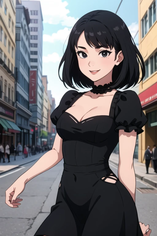 1 girl, age, black hair, short black hair, medium hair, bob hair, black eyes, flamenco dress, flamenco dancer, smile, city streets, sexy, masterpiece, high quality.