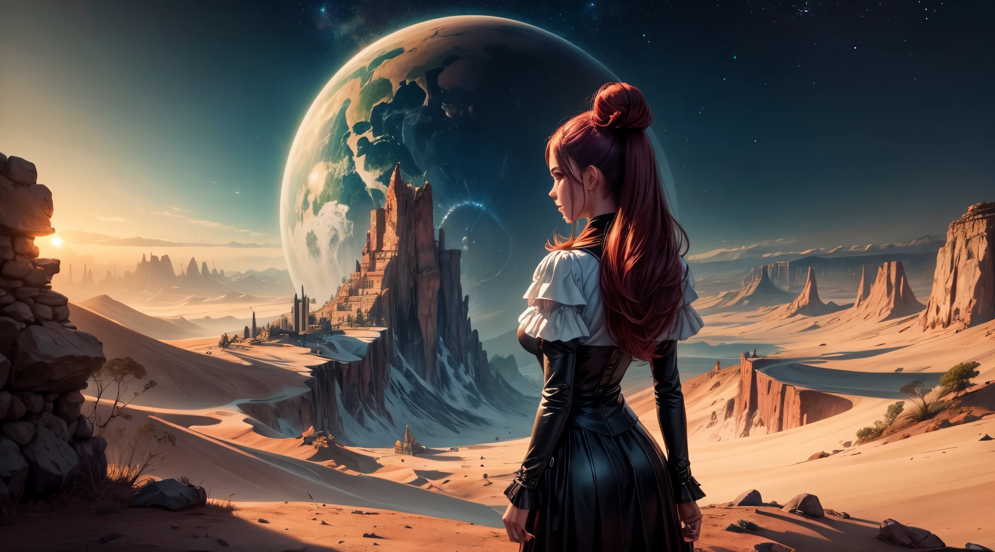 ((obra-prima)), (melhor qualidade)), 8k, alto detalhe, hiper-detalhe, The painting depicts a scene of breathtaking magnificent spatial imagery. A imagem mostra uma mulher vestindo um traje espacial, rear facing, Looking at a bright red planet in space. Scenes are extremely detailed and the clarity is extraordinary, capturando cada detalhe intrincado do panorama.