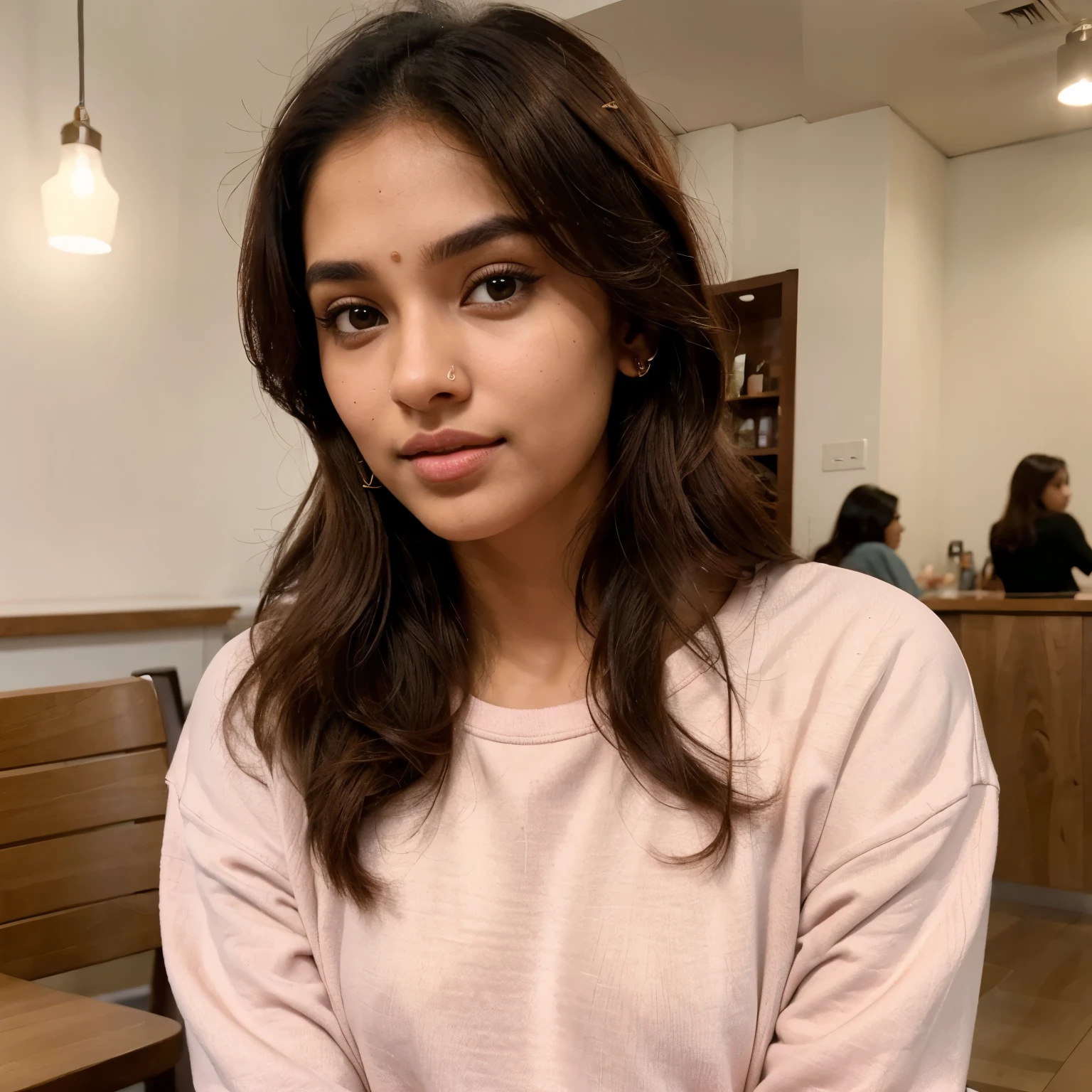 A upperbody portrait of a fair skin indian women influencer, has brown hair, sitting in a cafe, nose ring, hair tied, wearing cute sweatshirt, plump cute face, slender neck, big glamourous eyes, light pink lips, sharp nose, bright skin, bright aura.