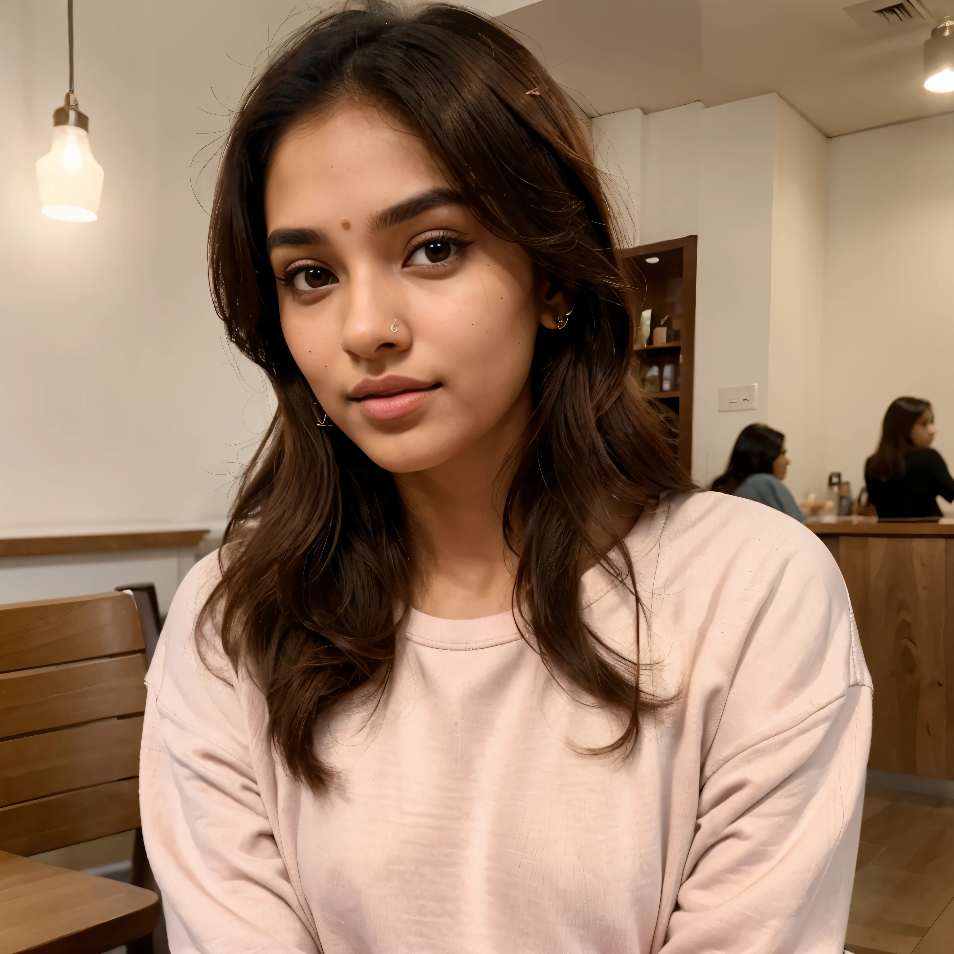 A upperbody portrait of a fair skin indian women influencer, has brown hair, sitting in a cafe, nose ring, hair tied, wearing cute sweatshirt, plump cute face, slender neck, big glamourous eyes, light pink lips, sharp nose, bright skin, bright aura.