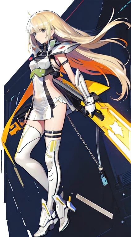 g41_(girls'_frontline), girls'_frontline, absurdly long hair, animal ears, assault rifle, asymmetrical legwear, blonde hair,  blue eyes, cat ears, gloves, gun, heterochromia, holding gun, holding weapon, long hair, low-tied long hair, mismatched legwear, panties, red eyes, rifle, shirt, thighhighs, twintails, underwear, very long hair, white panties, white shirt, white thighhighs