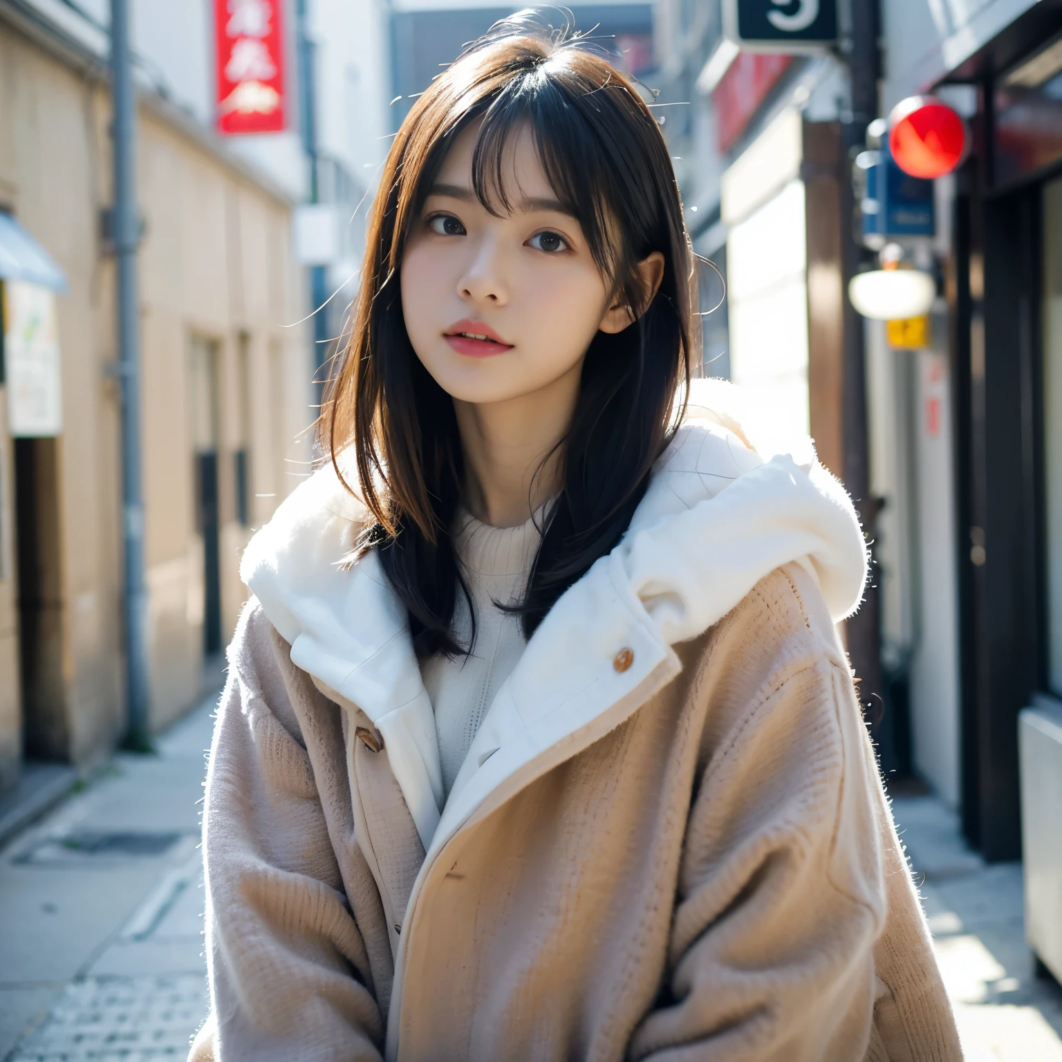 女の子1人。rays of sunshine,whole body、(8K、Live shooting、highest quality、masterpiece:1.2)、(real、フォトreal:1.37)、Highly detailed eyelash drawing、(((Highest image quality))),  (Perfect fit Anatomy), (Reality), (dynamic angle), seductive pose,Perfect fit, look slutty、highest quality、High resolution、wearing fashionable winter clothes、street snap、short hair、whole body、stylish fashion、30 generations,fukada kyoko、Looking down,length hair