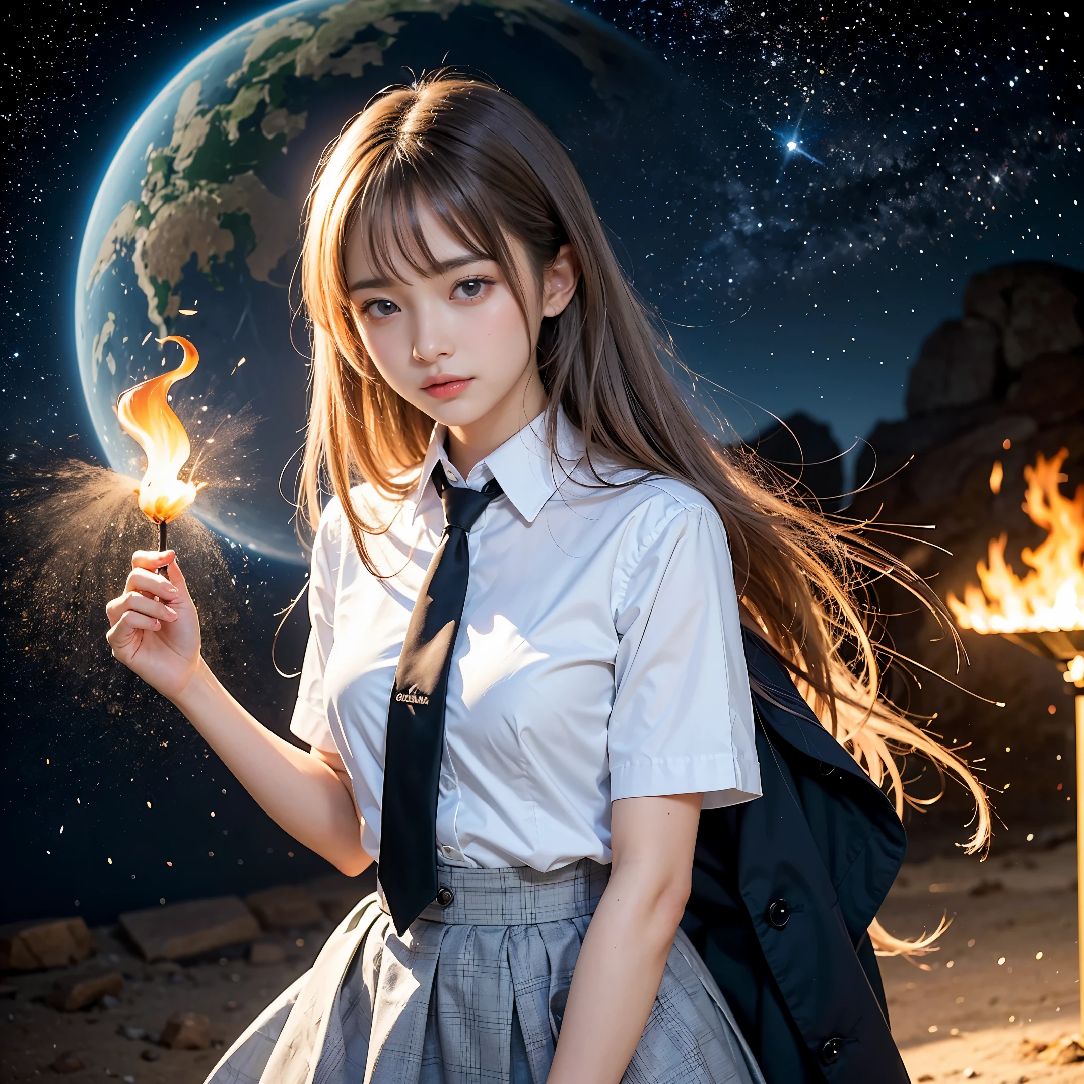 (masutepiece, best quality:1.2), 8K, Official art, Surprised expression、chest、cute、put one's hand over one's mouth、Wearing a suit、Gesture of removing tie、chestが見える、Rough image of a girl in uniform holding a globe, official artwork, portrait anime space cadet girl, with earth, girl in space, Space High School, Space Girl, planetes, Trending at CGSTATION, 太陽系外planetes, Official art, Mar Planet, beautiful anime high school girl, Sakimi-chan, planetesの隣に浮かぶ, in intergalactic japan、Five Fingers Photos&#39;Body of, Full body Esbian、Suit Beauty、Big Dipper in the background、star explosion、A dark-hairedの美しい裸足の女性, hold a flame in your right hand、tie a tie with your right hand、Turn your face up、looking-down、cool expression、明るい溶岩の光が小planetes帯の下から壊れた地球の上に昇る(Jagged rock rocks and fragments shot into the air:1.3) (Storm of windy dust debris:1.1) Volume fogmist by trace Z、It can allow bright light from below to pass through、 (masterpiece) (highest quality) (detailed) (8K) (movie lighting) (sharp focus) (complicated)A dark-haired、14 years old、small breasts、fun、A smile、incredibly stupid, (a beauty girl, Pretty face, arching back down, Gold hair ornament on hair、wearing a suits、close up, Wearing a suit, short sleeve, Gardenia, violaceaess, spaces , Looking at viewer, Film grain, chromatic aberration, オッパイsharp focus, face light, Dynamic lighting, cinematic lighting, detailedな目と顔, (Gray tie、1 copy:1.2)