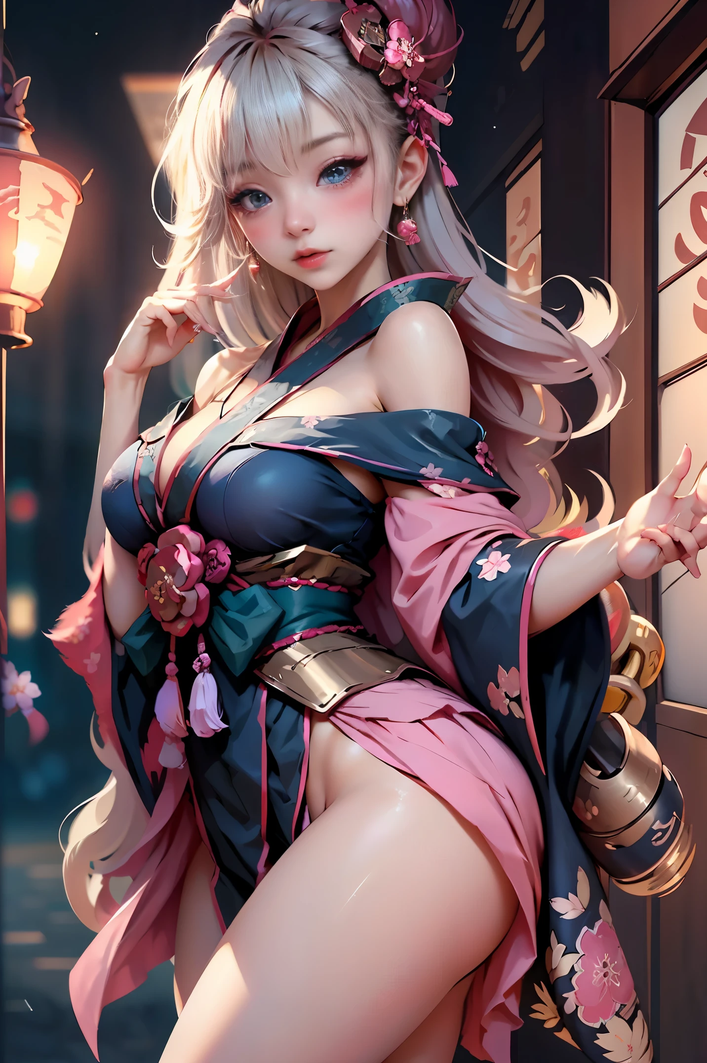 cuerpo completo,Plan completo,SFW,The Russian goddess princess in the image of a geisha with big bright blue eyes and long fluffy eyelashes of the Nordic type with a perfect graceful figure and very long fluffy wavy hair of bright wheat color is in full growth in the alley against the background of Japanese pink sakura blooming in bright navy blue kimono color and Japanese shoes turn bright navy blue color, The girl's lace kimono is intricately patterned with ultra-short frank cutouts...., Small breasts with protrusion are visible through the fabric and on the girl's ears there are beautiful earrings with precious navy blue sapphires that shine and shine in the light.... The soil on which the girl is located is strewn with cherry blossoms...., The scene is highly artistic, high resolution, foco nítido, Migjorni-V5 artistic style, hiperfotorrealismo, proporciones perfectas, Photo of the golden ratio, Bengala, contorno, luz del sol, brillo suave, enfoque suave, Photo-style smooth focus through a Monocle lens.