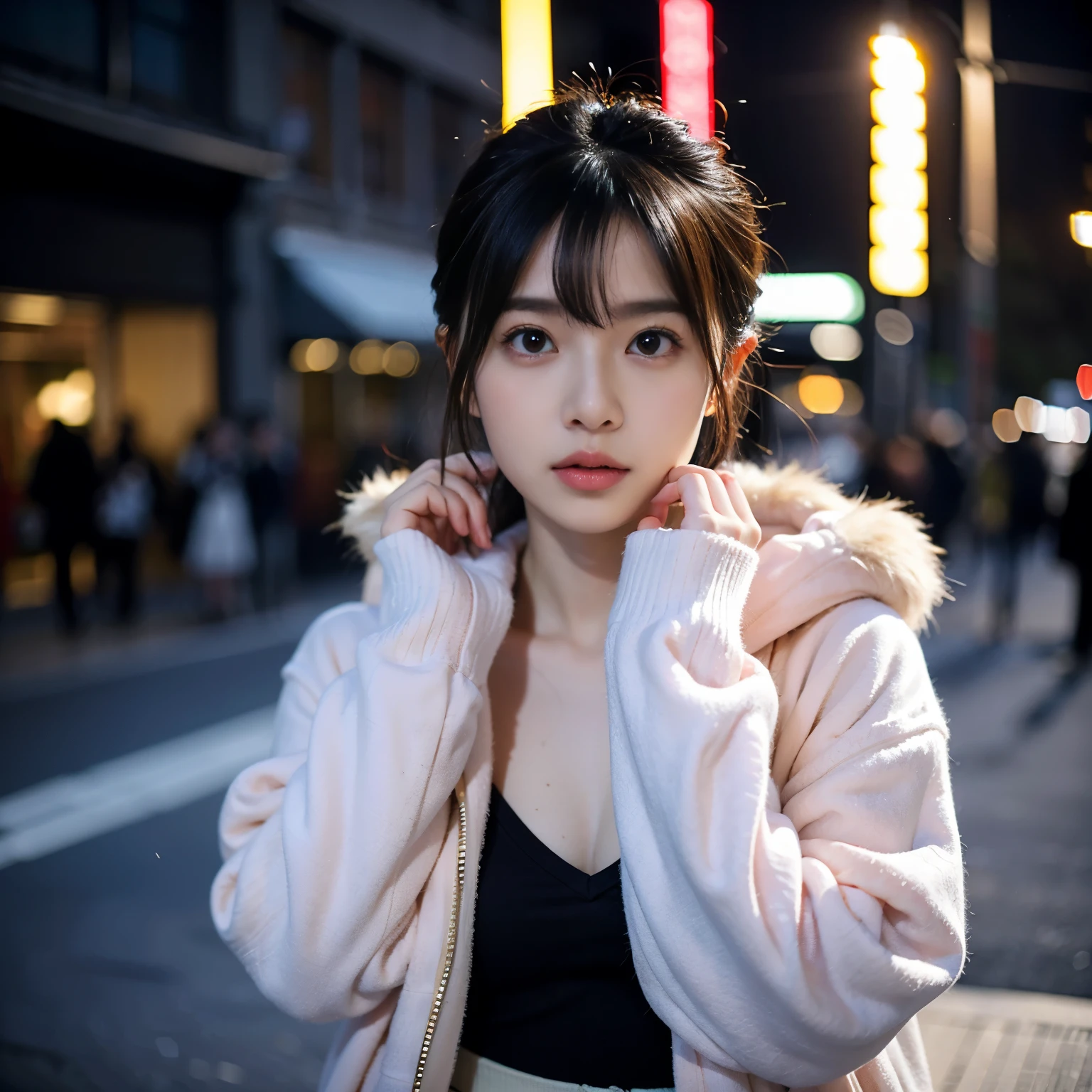 女の子1人。cityscape at night、neon street、whole body、(8K、Live shooting、highest quality、masterpiece:1.2)、(real、フォトreal:1.37)、Highly detailed eyelash drawing、(((Highest image quality))), (Perfect fit Anatomy), (Reality), (dynamic angle), seductive pose,Perfect fit, look slutty、highest quality、High resolution、wearing fashionable winter clothes、street snap、short hair、whole body、stylish fashion、30 generations,fukada kyoko、Looking down,length hair