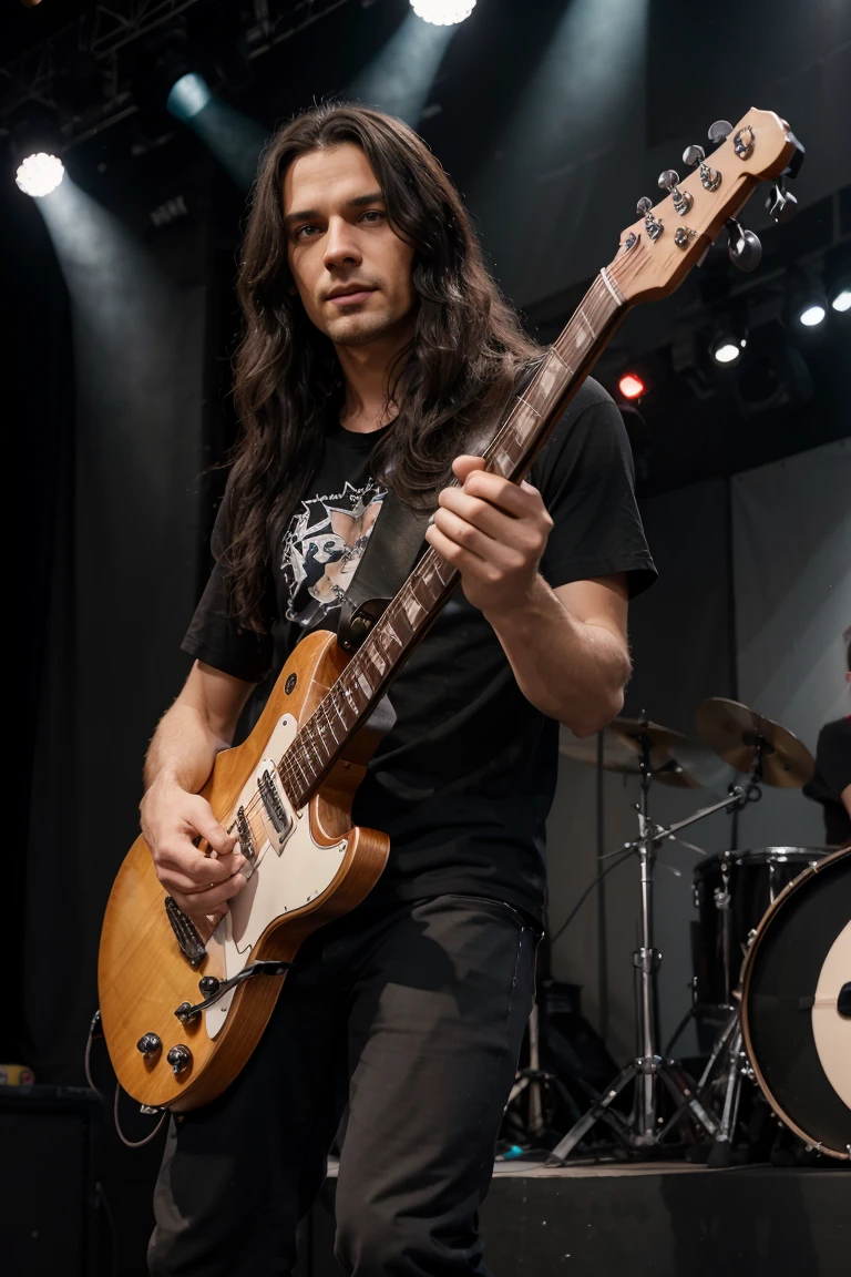 1man, Solo, One man about 25 years old, black long wavy hair, Hazel eyes, black shirt with short sleeves, standing on stage and playing on electric guitar, rock concert photography, mature man, athletic body, RAW Photography, 8k, , Masterpiece, Full Body Shooting, Top Quality, Fine Pore, Realistic, Photorealistic, Ultra Detailed