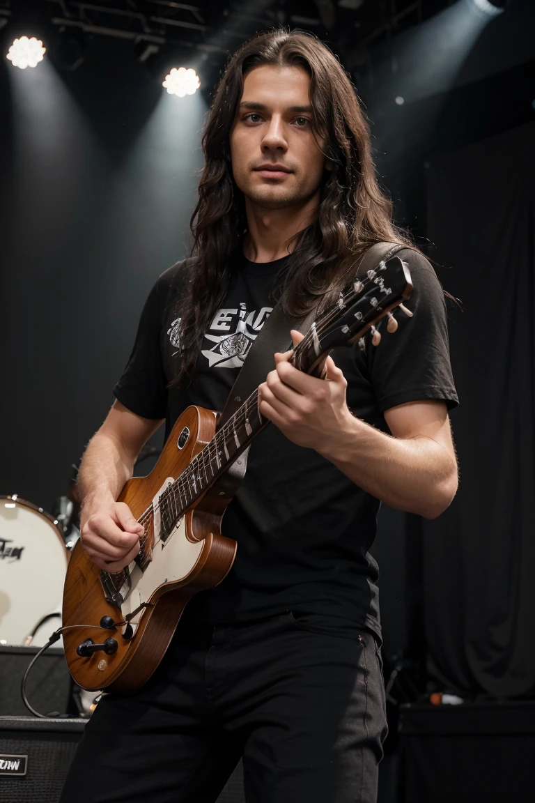 1man, Solo, One man about 25 years old, black long wavy hair, Hazel eyes, black shirt with short sleeves, standing on stage and playing on electric guitar, rock concert photography, mature man, athletic body, RAW Photography, 8k, , Masterpiece, Full Body Shooting, Top Quality, Fine Pore, Realistic, Photorealistic, Ultra Detailed