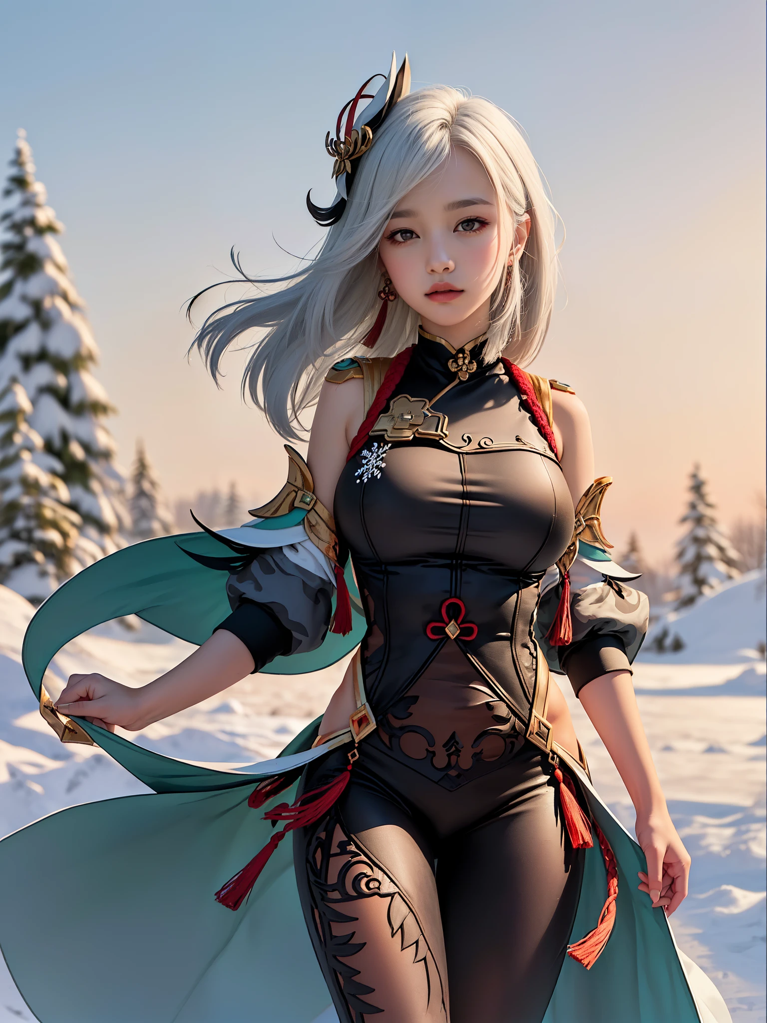 masterpiece, best quality, shenhe \(genshin impact\), 1girl, solo, earrings, jewelry, contemporary, casual, sweater, tassel, ban, snowflake, (athletic body:1.2), (large breasts), (main outfit, main dress:1.0), snow element bending