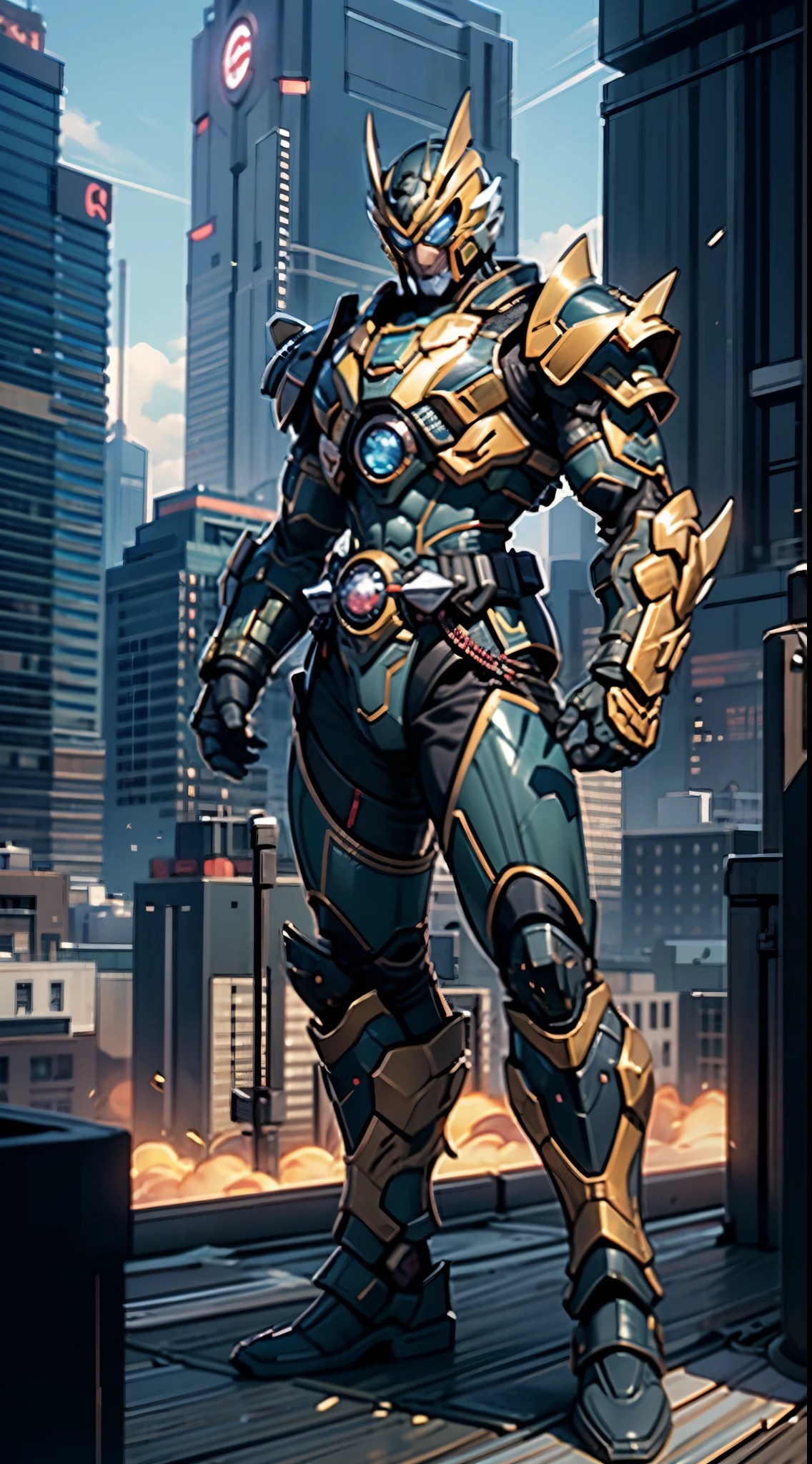 A super a high-tech biotech battle suit, standing on a rooftop, looking over the city, Japanese tokusatsu and American comic style, biometallic texture of the suit, sleek and shiny, dynamic, fast, natural light, cinematic, high quality, high resolution, high detail, sophisticated design, dramatic, high definition, ultra-detailed, ultra-fine painting, extremely delicate, creativity, Natural light, cinematic lighting, best shadow, masterpiece-anatomy-perfect