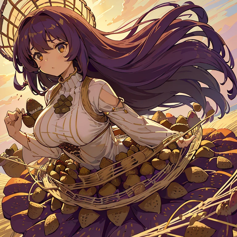 A girl with long afro hair flying low in the air covered in boiling large strawberry cake armor serving a large purple potato jam、amazing dynamism、amazing angle、unstable buoyancy sandstorm、(((Lots of friendly oversized dried fruit cubes chase you in a floating latticework)))、((surround each other'extra large round straw))、