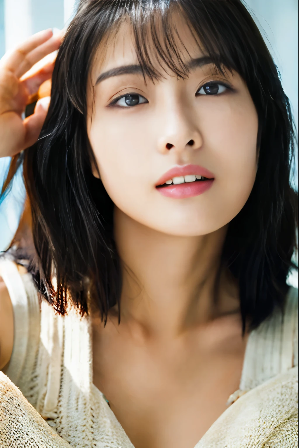 The highest resolution, 4K, masutepiece: 1.3), japanese mature, women's pictures, Sexy is: 1.1, Fine eyes, Slender figure, realistic teeth, double eyelids, sirius face, whole body, best quality, detailed breasts, Beauty products, married lady,