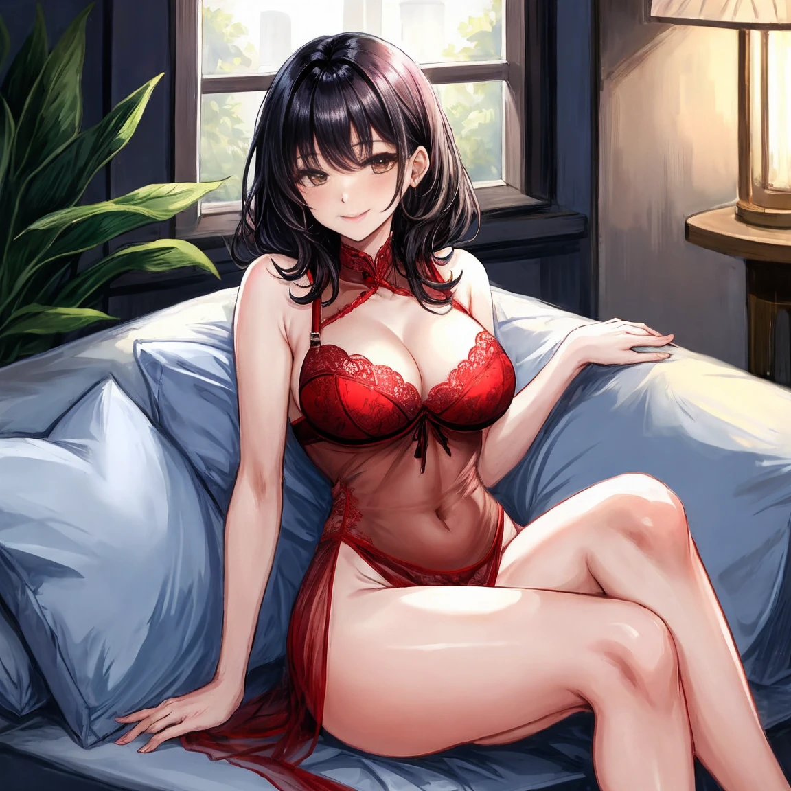 a Malay women, stunningly beautiful, pan-asian looks, short wavy hair, black hair, fair skin, slim thick body, medium natural breast, in sexy red sheer sleeping dress, sitting spreading legs, looking at viewer, smiling