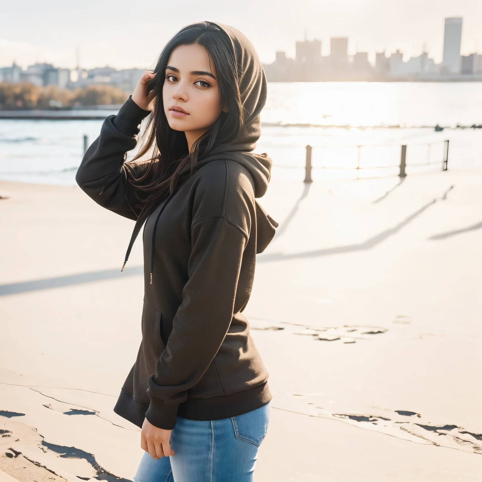 1girl, detailed brown eyes, wearing black hoodie, black hair,((masterpiece)), city natural lighting, long hair, by Greg Rutkowski,