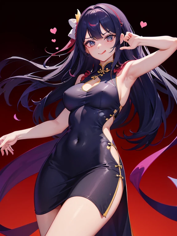 tight cheongsam dress、Deep slit、No sleeve C Cup、Navel out、tongue out、arms raised above head、Eyes are hearts
