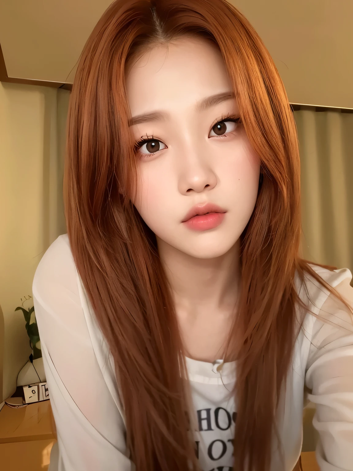 a close up of a woman with long red hair and a white shirt, roseanne park of blackpink, wan adorable korean face, beautiful south korean woman, gorgeous young korean woman, young adorable korean face, korean girl, lalisa manobal, beautiful young korean woman, she has long redorange hair, lalisa manoban of blackpink
