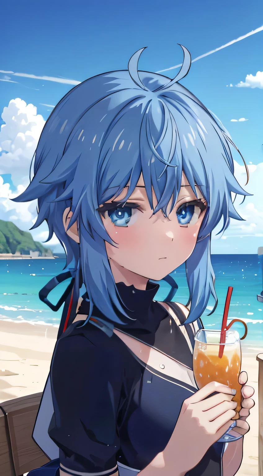 `high res, masterpiece, solo, Re=L Rayford, blue hair, tied hair, blue eyes, cute, black swimsuit, beach terrace view, portrait, talking, offering drink to viewer
