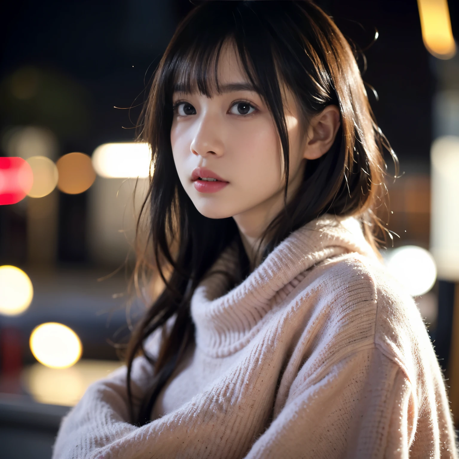 女の子1人。cityscape at night、neon street、whole body、(8K、Live shooting、highest quality、masterpiece:1.2)、(real、フォトreal:1.37)、Highly detailed eyelash drawing、(((Highest image quality))), (Perfect fit Anatomy), (Reality), (dynamic angle), seductive pose,Perfect fit, look slutty、highest quality、High resolution、wearing fashionable winter clothes、street snap、short hair、whole body、stylish fashion、30 generations,fukada kyoko、profile、Facing the side