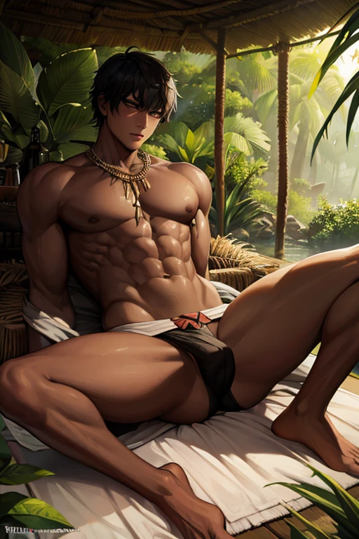 A dark-skinned, short-haired, slender macho tribal boy wearing a severely torn loincloth is lying on a bed of leaves in a hut in a jungle village., barbarian, wet with a large amount of cloudy liquid