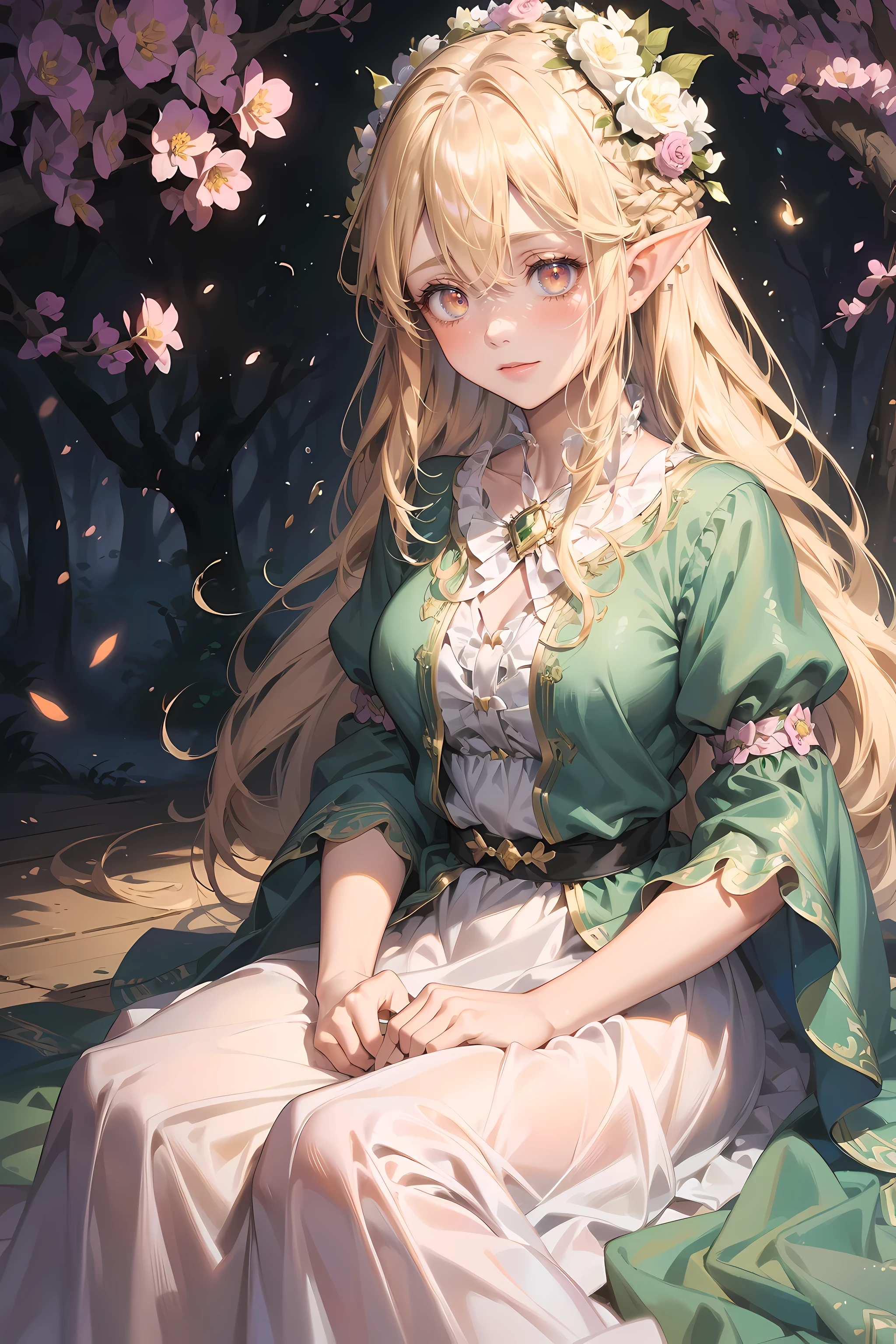 eyeline,(lewd eyes:1.4),(faeries:1.2),(high resolution,best quality,like a dream,obsessed,at a forest,faeries),(vibrant with colors,ultra - detailed),(美丽lewd eyes,Mottled sunlight,Whimsical creatures,sparkling mysterious mist,Evocative atmosphere otherworldly beauty),(magical light,Faint ethereal light),(in pastel shades,fantasticcolors),(Dancing fireflies,活泼的faeries,Breeze whispered),layered lace dress,Exquisite and beautiful gauze long skirt,(Colorful princess dress:1.4),(Elf Flower Crown:1.2),(美丽lewd eyes, vibrant with colors, oil painted, flowers in the background, A flowing dress, Fantastical Atmosphere, Eyebrows are very clear, gentlesoftlighting, Fantasy elements, Magical environment, 逼真的high resolution图像, dynamic and energetic),(vivd colour:1.5)