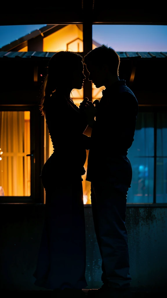 silhouette of two cats in love on the roof of a house