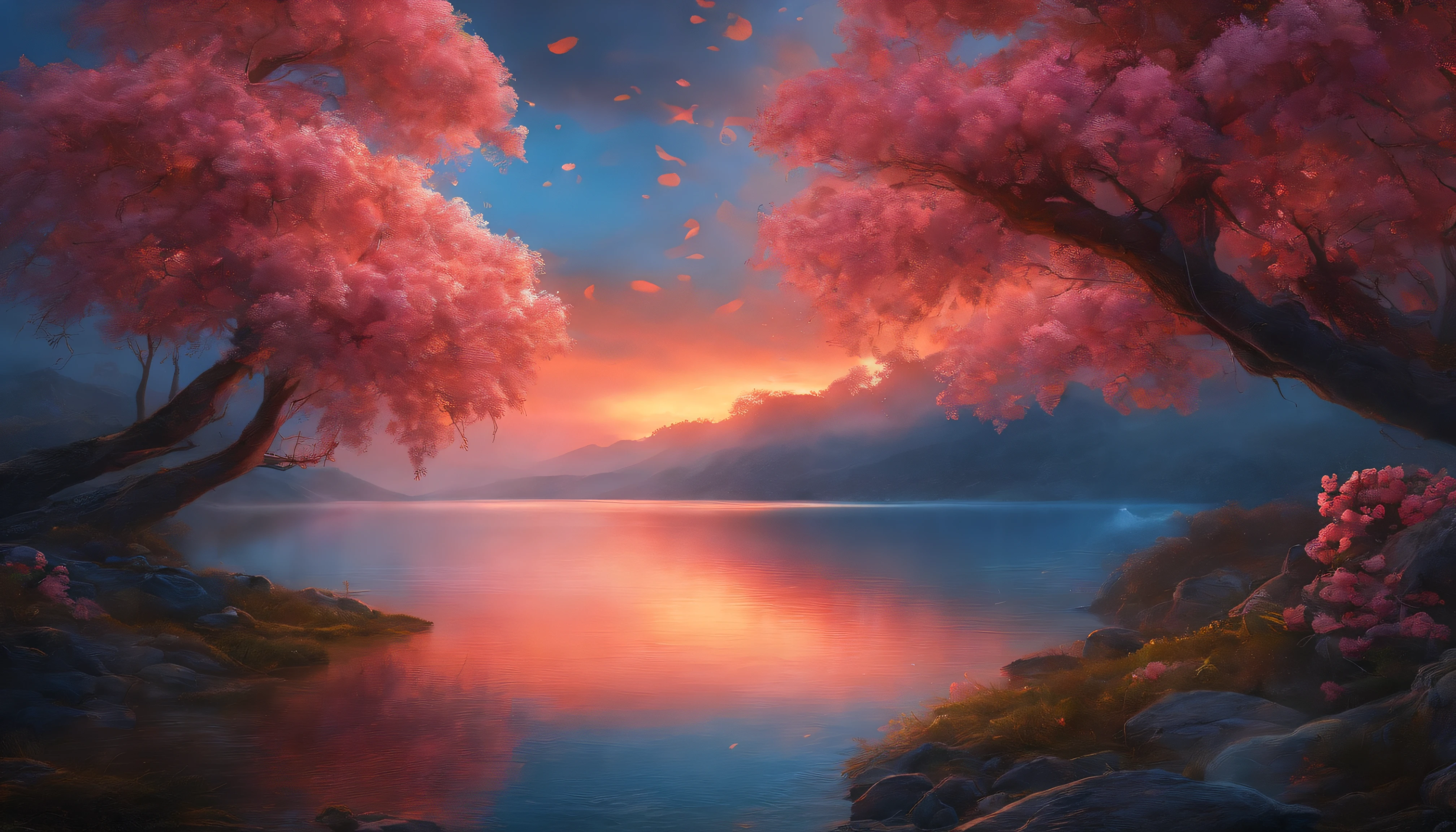 horizon ,Peach blossom rain, Fire painting,transparent blue lake water,Pink coral,hyper wide view,best quality,official art