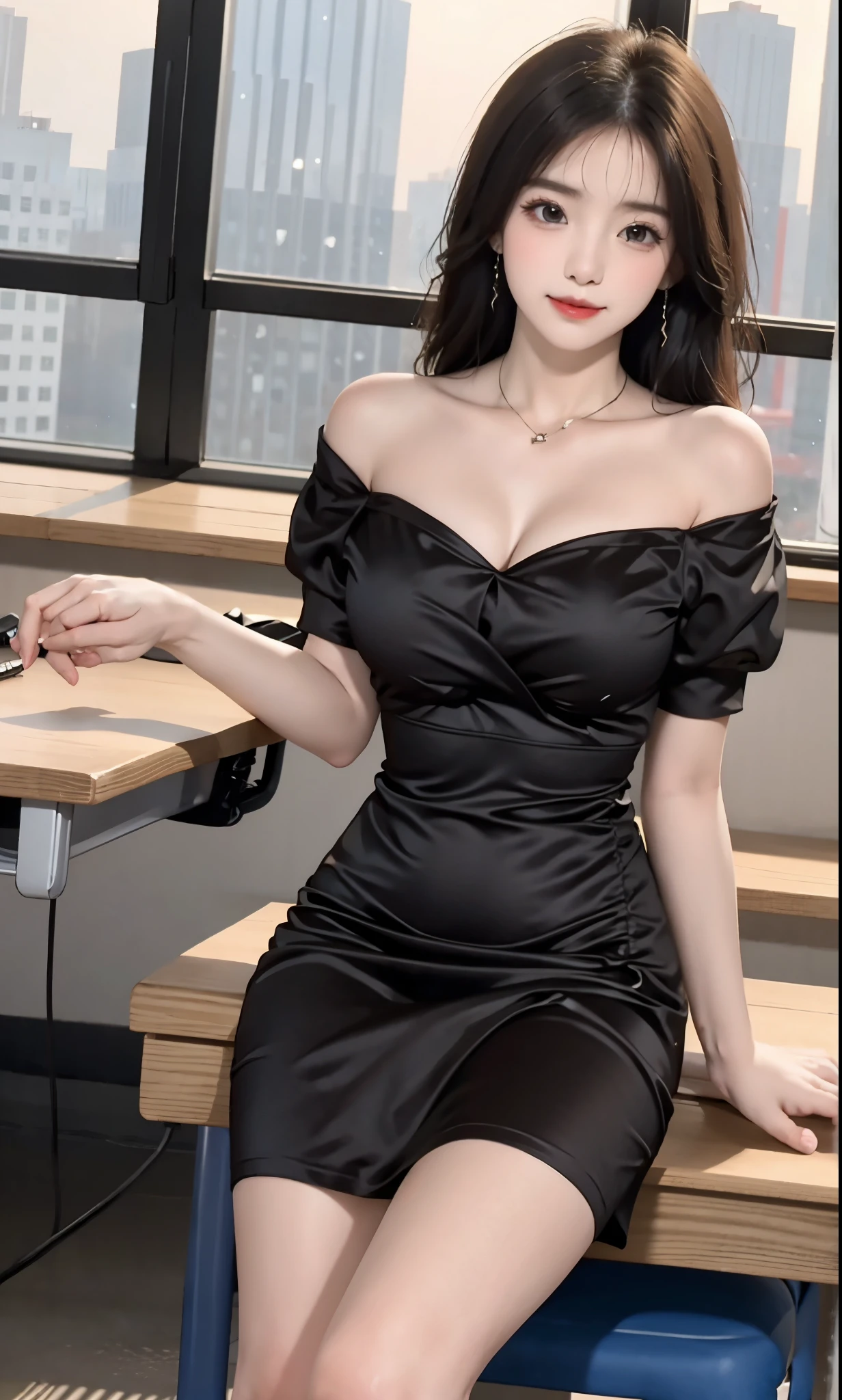 short sleeves,off shoulder, dress, (knee shot),(8K, RAW photogr, lifelike:1.25),(inside a classroom, sitting on desk), ( Gloss on lips, eyelash, Grossas, shiny skin, best quality, ultra high definition, depth of field, Color difference, Caustics, Extensive lighting, natural shadow, K-pop idol) Looking at the audience with calmness and goddess-like happiness,