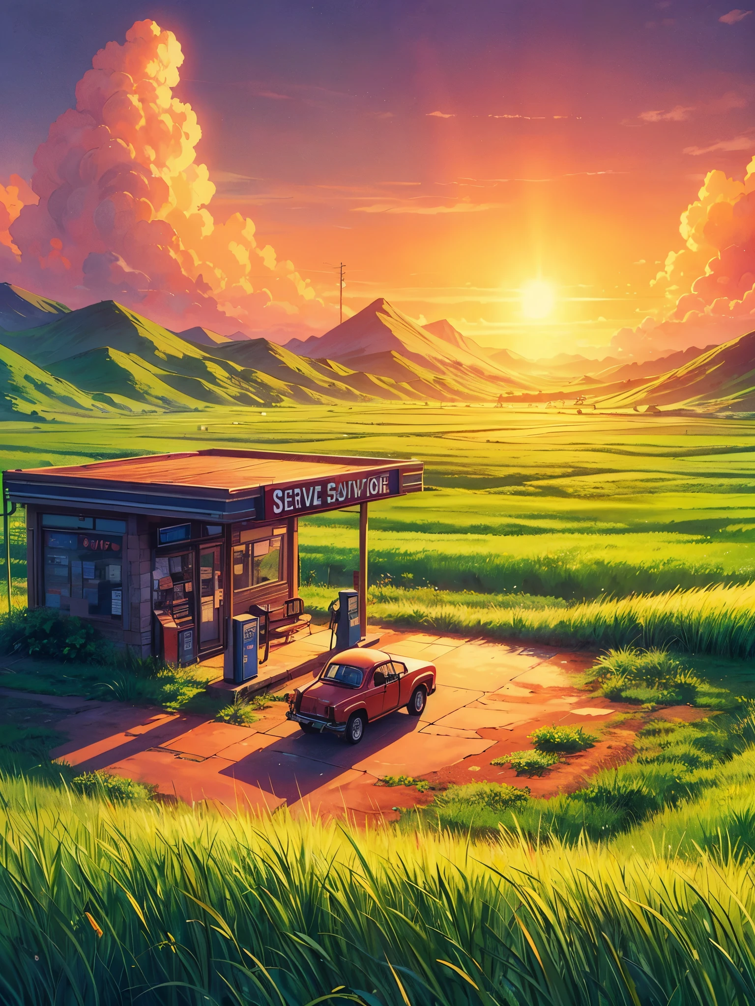 Draw a digital anime simple art scene of service station in green grass field, A vintage retro card parked beside, long grass, the sunset casts a warm glow across the vast, untamed landscape. The rugged beauty of the terrain unfolds, no humans and cattle, vibrant color tones