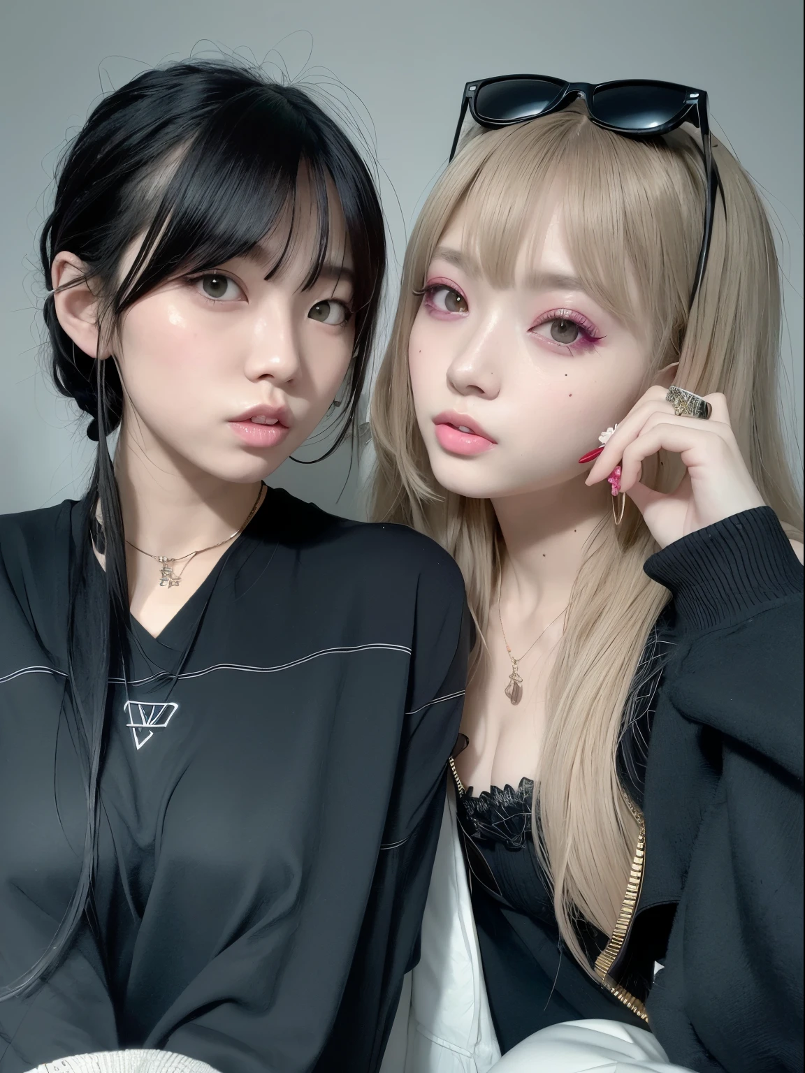 two women with long hair and sunglasses posing for a picture, with pale skin, ulzzang, two models in the frame, lalisa manobal, two girls, nixeu and sakimichan, pale skin and dark eyes, with black, two beautiful anime girls, beautiful gemini twins, with bangs, beautiful gemini twins portrait, center parted bangs